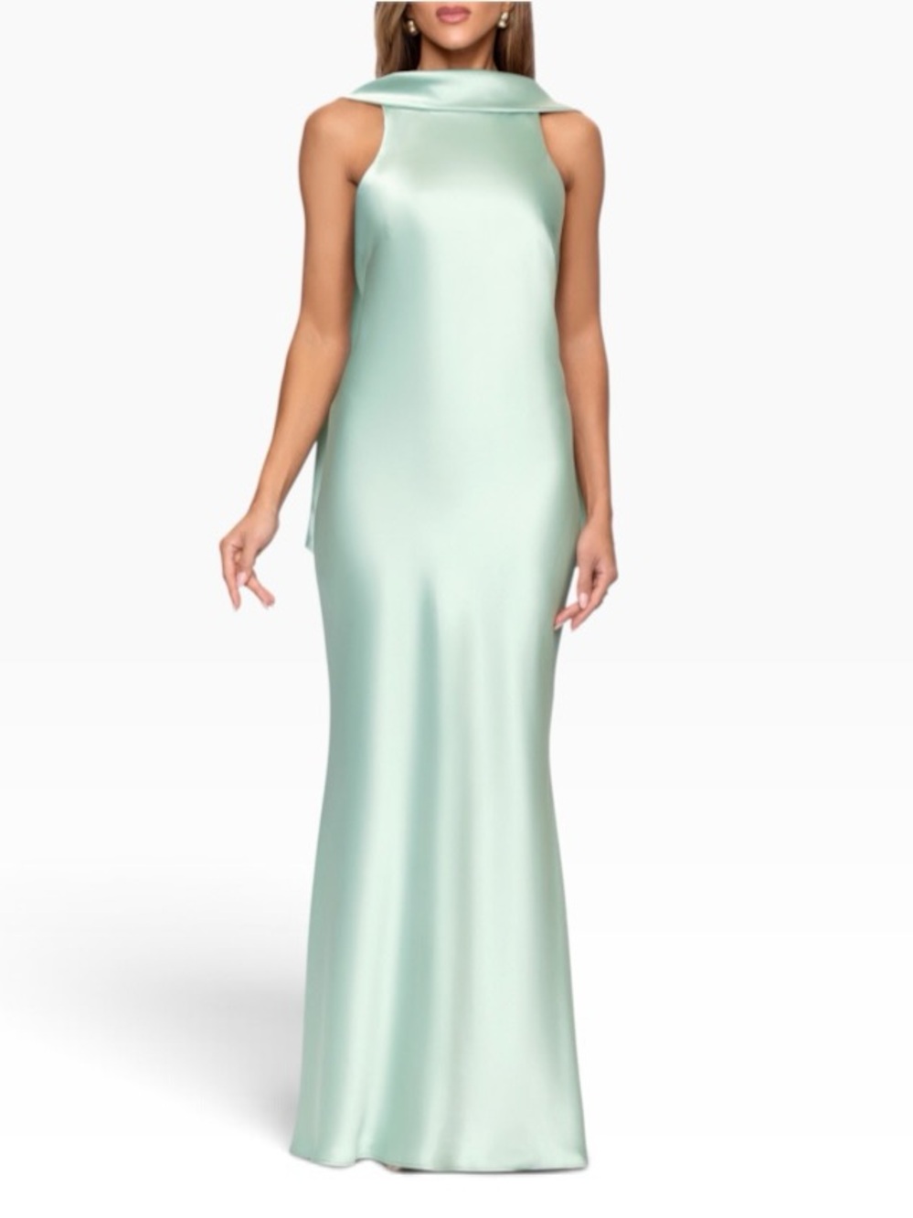 Xscape Evenings Satin Tie Back Mermaid Gown in sage green SZ 12